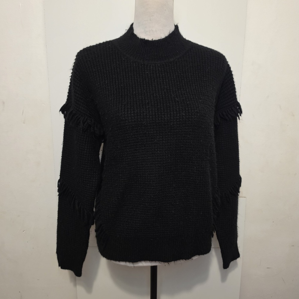 Michael Kors Women's Large Black Fringe Mock Neck Knit Sweater Pullover